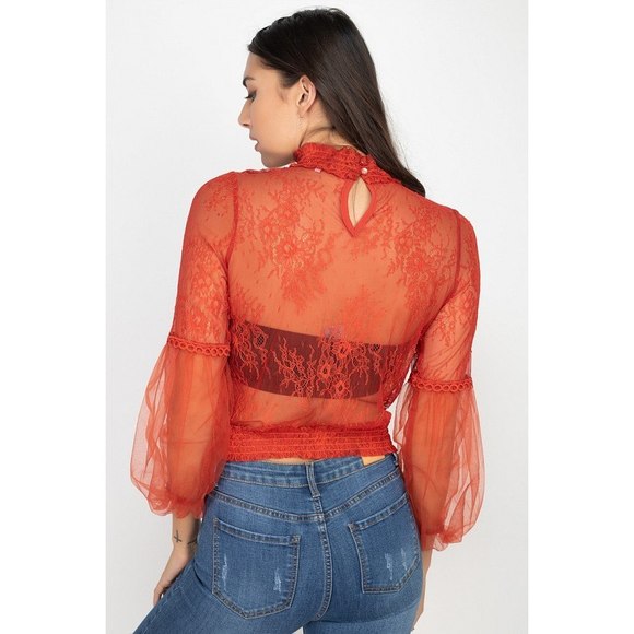 Lace Trim Balloon Sleeve Smocked Top - Picture 5 of 8